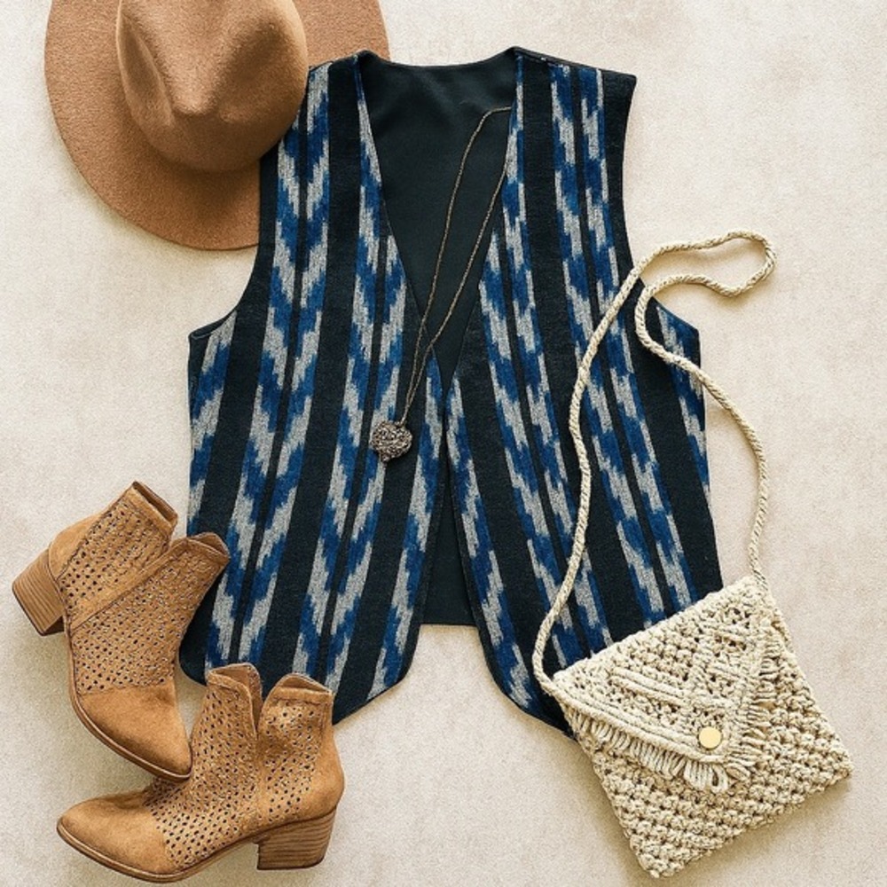 Vintage Vest Festival Bohemian Tribal Print Blue Black Size M